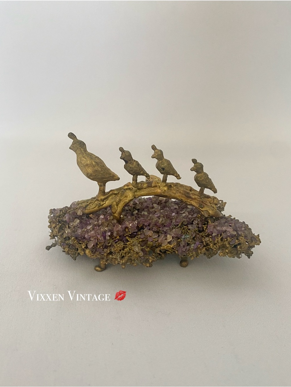 VINTAGE 1970'S GILT BRONZE & AMETHYST QUAIL FAMILY SCULPTURE FIGURINE